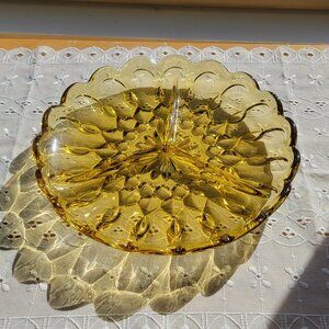 8 1/2" Vintage Anchor Hocking Fairfield Amber/Gold Glass Divided 3-Part Serving